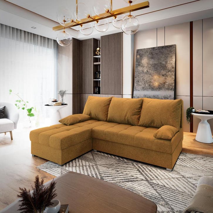 *SALE* Slaapbank/Hoekbank met opbergruimte Rio Okergeel €449, Huis en Inrichting, Banken | Bankstellen, 200 tot 250 cm, 75 tot 100 cm