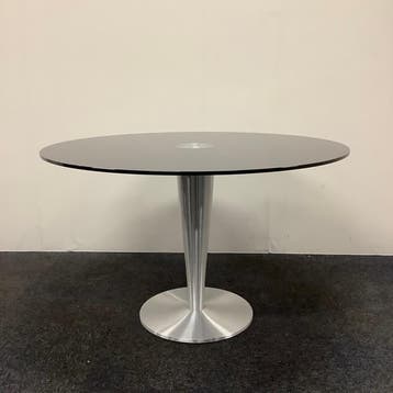 design ronde glazen tafel doorsnede 120 cm, gehard zwart, Ophalen of Verzenden, Gebruikt