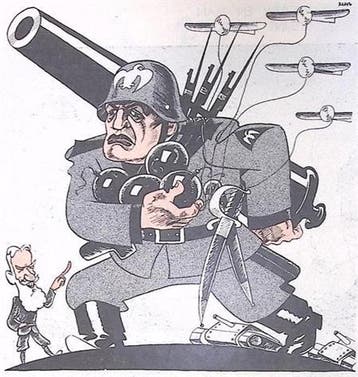 Mussolini op het oorlogspad op spotprent (lijst optie), Verzenden