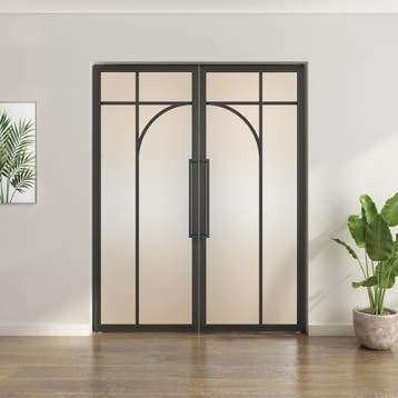 Dubbele stalen taatsdeur - Zwart - 5 Vlaks rond - Mat glas, Minder dan 80 cm, Overige typen, Nieuw, Metaal