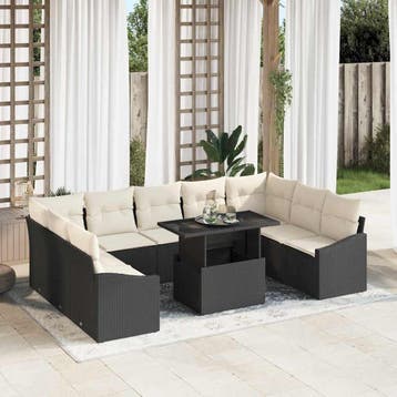 vidaXL Tuin Sofa Set 10 st Zwart en Crème, Verzenden, Nieuw, Rotan, Meer dan 8 zitplaatsen