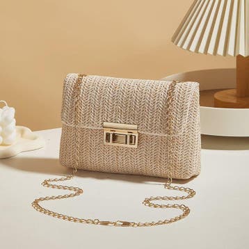 Stijlvolle Strooien Crossbody Tas met Gouden Kettingband - P, Verzenden, Nieuw