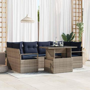 vidaXL Tuin Sofa Set met kussen 7 pcs grijs en marineblauw, Verzenden, Nieuw, Rotan, 7 zitplaatsen