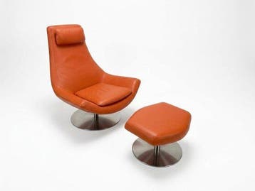 Loungestoel met voetenbank - Leder, Verchroomd - Spage-Age, Antiek en Kunst