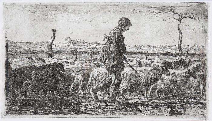 Willem Hendrik van der Nat (1864–1929) - Boer met schapen, Antiek en Kunst, Antiek | Overige Antiek