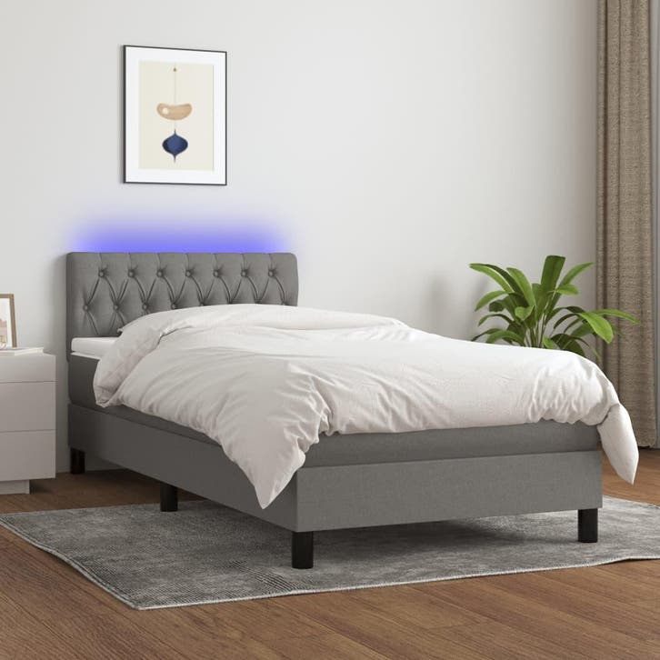 vidaXL Boxspring met matras en LED stof donkergrijs 90x200, Huis en Inrichting, Slaapkamer | Bedden, 90 cm, 200 cm, Grijs, Eenpersoons