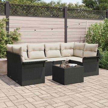 vidaXL Tuin Sofa Set 7 pcs 6-Seater Zwart en Crème poly, Verzenden, Nieuw, 7 zitplaatsen