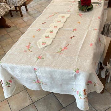 ricami fatti a mano da suore ricamatrici - Tafelkleed (7) -, Antiek en Kunst, Antiek | Kleden en Textiel