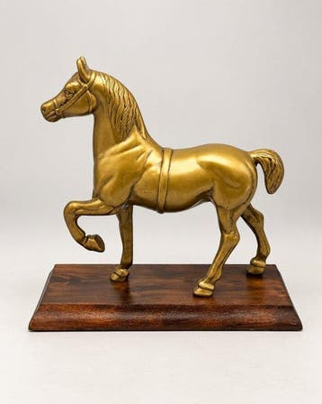 Beeld, Vintage messing paard - 23.5 cm - Messing, Hout