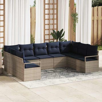 vidaXL Bankstel met kussen 7 pcs Grijs poly rattan, Tuin en Terras, Verzenden, Nieuw, Rotan, 7 zitplaatsen