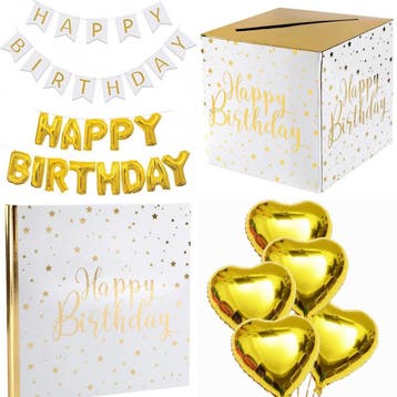 Verjaardag set Happy Birthday wit met goud XL deLuxe, Verzenden, Nieuw, Versiering, Verjaardag