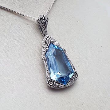 Zilver, Art Deco, Blauwe Spinel(Getest) - Ketting met hanger, Antiek en Kunst