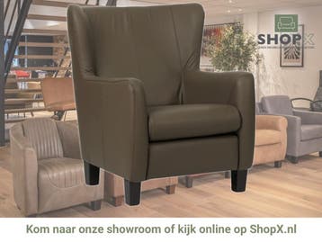 Leren fauteuil Hug - Toledo Moss (bruin/groen) - Poten hout, Nieuw, Ophalen of Verzenden, 75 tot 100 cm, Eigentijds, Klassiek, Retro, Romantisch