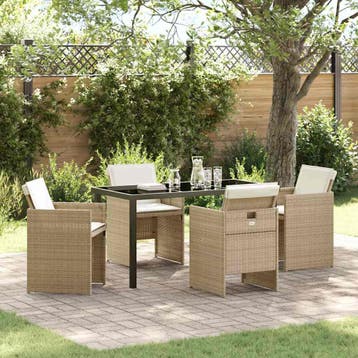 vidaXL Tuin eettafelset met kussen 5 pcs Beige poly rattan, Tuin en Terras, Verzenden, Nieuw, Rotan, 5 zitplaatsen