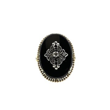 Antieke Victoriaanse goud met zilveren ring met onyx en d..., 18 tot 19, Gebruikt, Ophalen of Verzenden, Met edelsteen