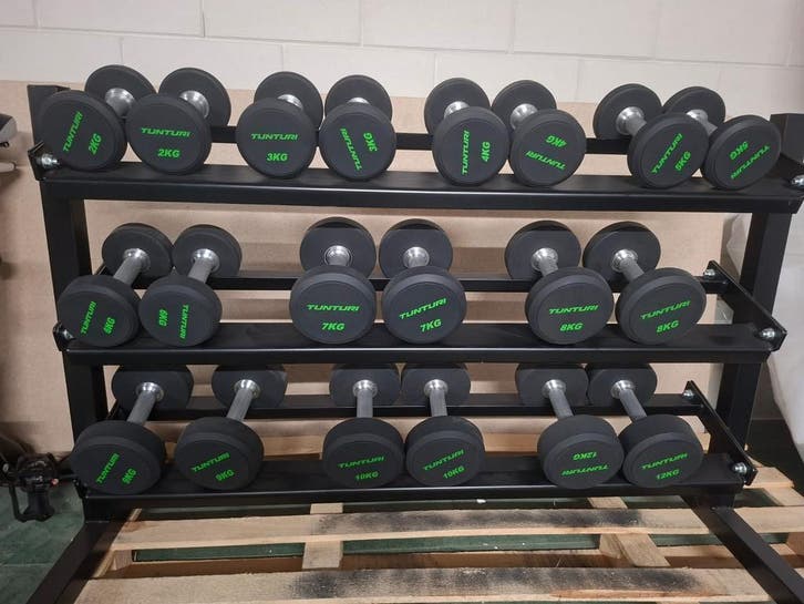 Set dumbells + Dumbellrek, Sport en Fitness, Fitnessmaterialen, Gebruikt