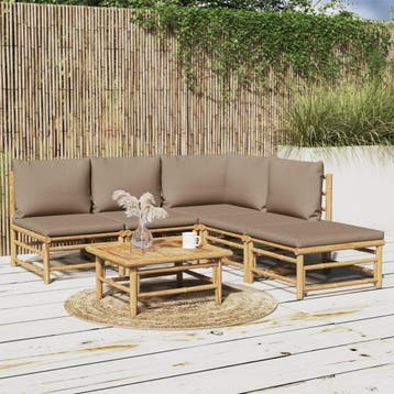 vidaXL 6-delige Loungeset met kussens bamboe taupe, Verzenden, Nieuw, Hout, Loungeset