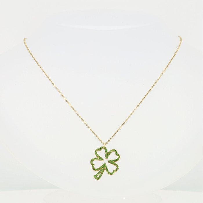 Halsketting - 18 karaat Geel goud, Klavertje vier. - Smaragd, Sieraden, Tassen en Uiterlijk, Kettingen