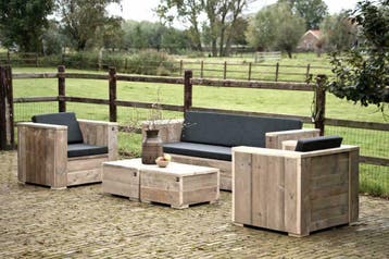 Blok Loungeset met Sunbrella kussens UIT VOORRAAD LEVERBAAR, Verzenden, Nieuw, Hout, Tuinset