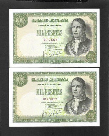 Spanje. - 2 x 1000 Pesetas 1949 - Consecutive - Pick 138, Postzegels en Munten