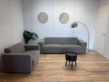 Montel 2,5-zits + Montel fauteuil – Grijs, Gebruikt, 150 tot 200 cm, 75 tot 100 cm, Ophalen of Verzenden