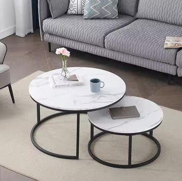 Ronde Salontafelset 2-delig – Marmerlook Metaal 80 of 60cm, Verzenden, Nieuw