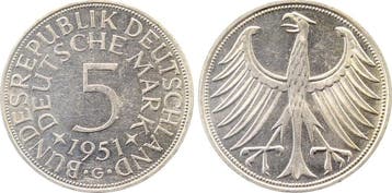 5 Mark Duitsland 5 Dm 1951 G f stgl Erstabschlag J 387 zi..., Verzenden