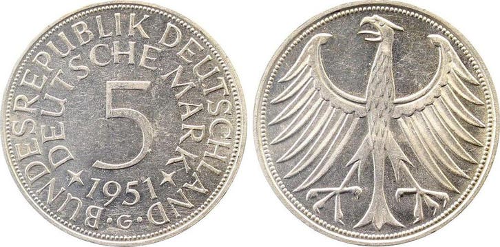 5 Mark Duitsland 5 Dm 1951 G f stgl Erstabschlag J 387 zi..., Postzegels en Munten, Munten | Europa | Niet-Euromunten, Verzenden