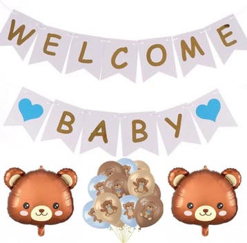 15-delige set Welcome Baby Boy: slingers + beren ballonnen, Ophalen of Verzenden, Nieuw, Versiering, Geboorte of Huwelijk