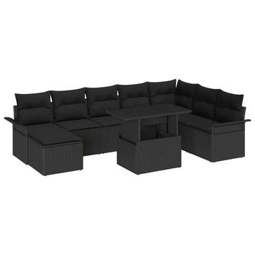 vidaXL Tuin Sofa Set 9 st Zwart, Verzenden, Nieuw, Rotan, Meer dan 8 zitplaatsen