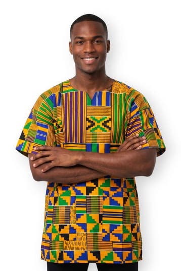 Geel Blauw Kente Blocks Dashiki Shirt / Dashiki Jurk - Afrik, Ophalen of Verzenden, Nieuw