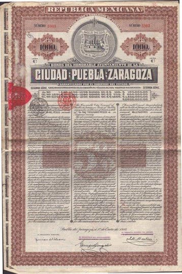 Mexico. Zargoza - Staatslening 1000 Pesos 1910 (Zonder