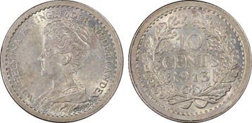 Koningin Wilhelmina 10 cent 1913 PCGS MS62 gecertificeerd, Verzenden, Zilver, 10 cent, Koningin Wilhelmina