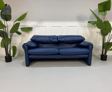 Cassina Maralunga 2-zits Designerbank Sofa Leer Blauw, Huis en Inrichting, Banken | Bankstellen, Tweepersoons, Leer, Ophalen of Verzenden