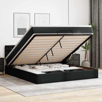 vidaXL Bed poef met matrassen en LEDs 160x200cm kunstleer, Overige materialen, Verzenden, Zwart, 200 cm