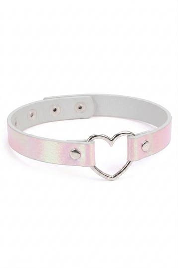 KIMU® Choker Iridescent Roze Lederlook Hartje Holografisch C, Sieraden, Tassen en Uiterlijk, Kunststof, Verstelbaar, Nieuw, Ophalen of Verzenden