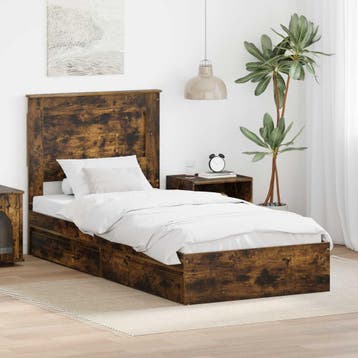 vidaXL Opslag bed met lade Gerookt eiken 90 x 200 cm Bewerkt, Verzenden, Nieuw, Bruin, Hout