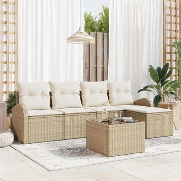 vidaXL Tuin Sofa Set met kussen 6 pcs Beige Poly riet, Verzenden, Nieuw, 6 zitplaatsen