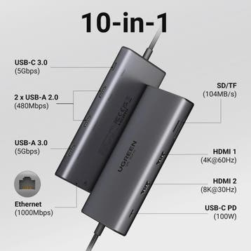 UGREEN 10-in-1 USB-C Hub: 8K/4K Dual HDMI, RJ45, USB 3.0, PD, Verzenden, Nieuw