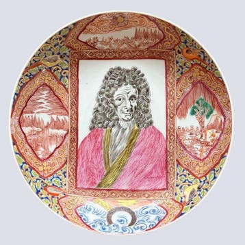 Bord - famille rose bord met bonte decoraties en grisaille