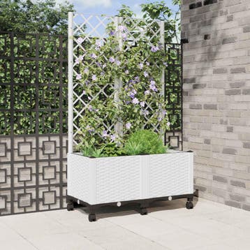 vidaXL Tuinplantbak met schutting en wielen Wit 80 x 40 x, Verzenden, Nieuw, Minder dan 60 cm, 60 cm of meer