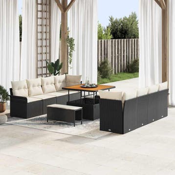 vidaXL Tuinbankenset 11 st Zwart poly rattan, Verzenden, Nieuw, Rotan, Meer dan 8 zitplaatsen