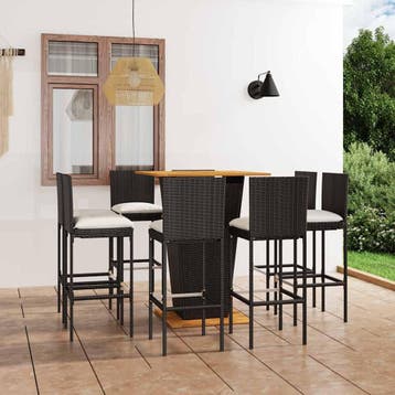 vidaXL 9-delige Tuinbarset met kussens poly rattan zwart, Verzenden, Nieuw, 8 zitplaatsen