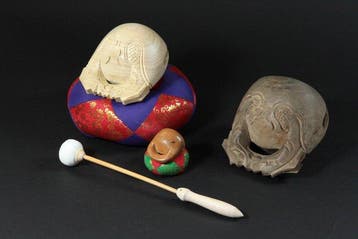 6-delig boeddhistische mokugyo-set - 3 houten trommels, 2