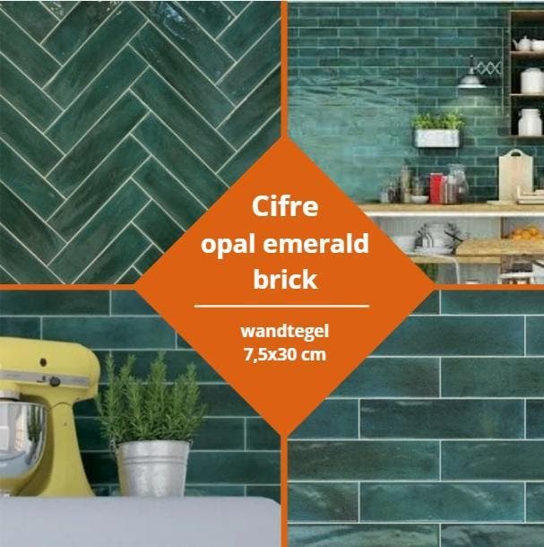 Groene handvormtegels opal emerald | 7,5x30 bricks glans, Doe-het-zelf en Verbouw, Tegels, Minder dan 20 cm, 20 tot 40 cm, Nieuw