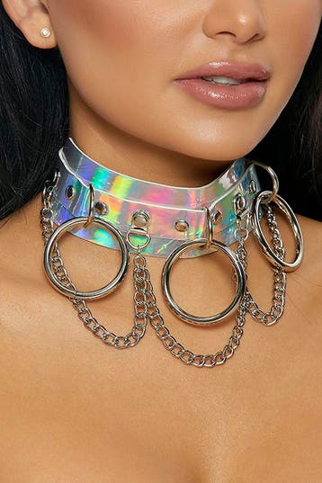 KIMU® Choker Breed Zilver Ringen Holografisch Iridescent Col, Sieraden, Tassen en Uiterlijk, Kettingen, Kunststof, Verstelbaar