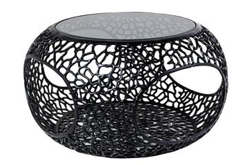Salontafel SPIN 75 cm, gehard zwart glas, zwarte voet -, Huis en Inrichting, Tafels | Salontafels, Ophalen of Verzenden, Nieuw