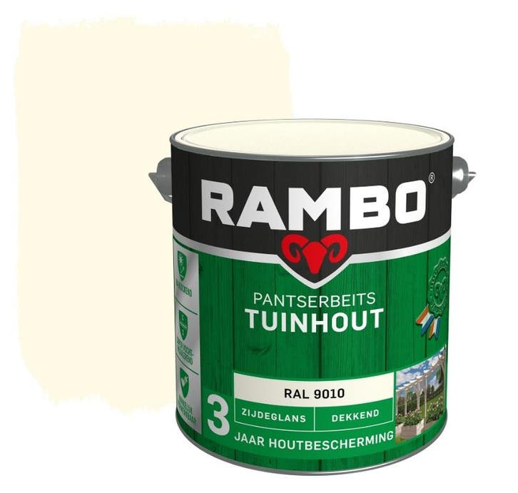Rambo Pantserbeits Tuinhout Zijdeglans RAL 9010 | Zuiver Wit, Doe-het-zelf en Verbouw, Verf, Beits en Lak, Beits, Wit, Nieuw, Minder dan 5 liter