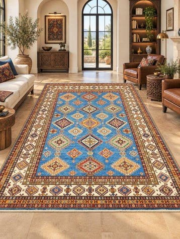 Premium Blauwe Multicolor 100% handgeknoopt Afghaans Wol, Nieuw