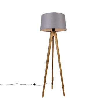 Landelijke tripod vintage hout met linnen kap donkergrijs, Huis en Inrichting, Lampen | Vloerlampen, Verzenden, Nieuw, Hout, Landelijk